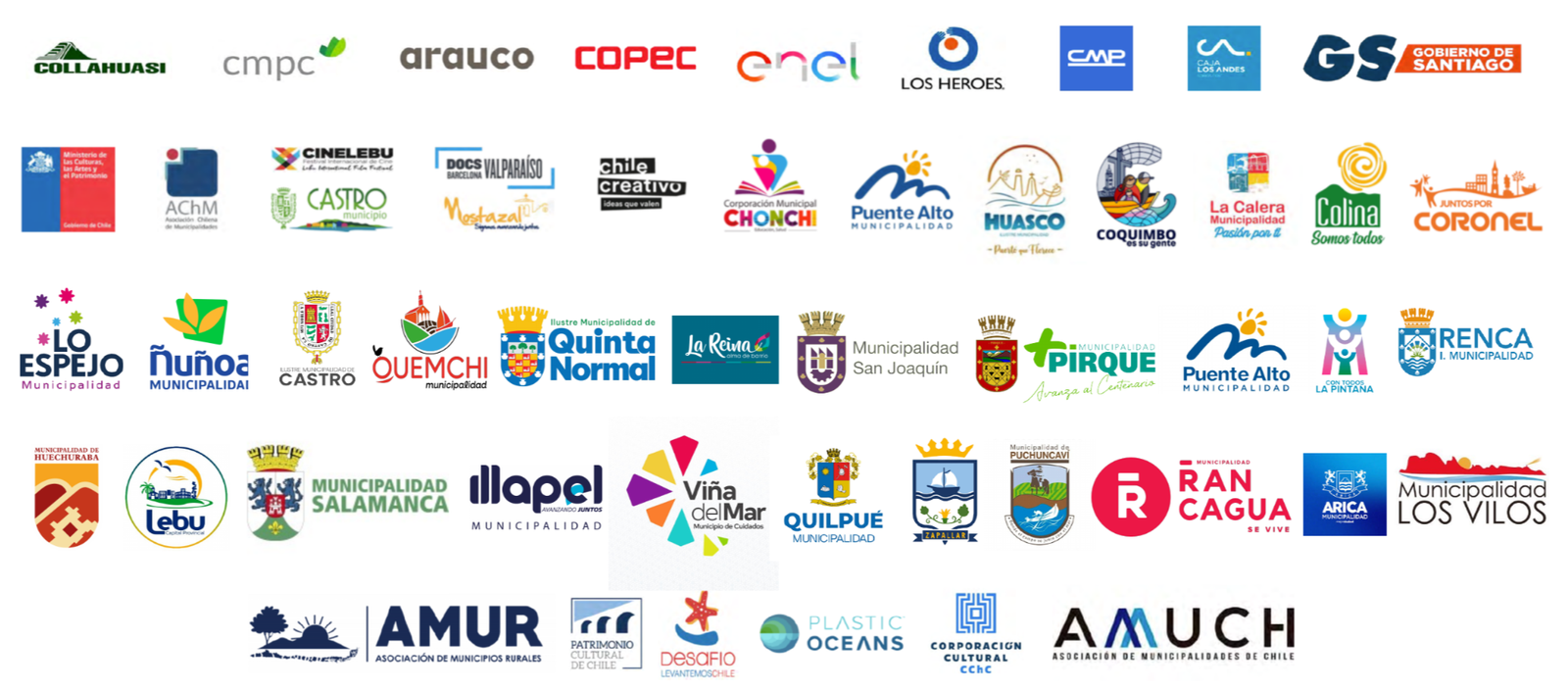 Logos de más de 50 aliados: Collahuasi, CMPC, Arauco, Copec, Enel, Los Héroes, CMP, Caja Los Andes, Gobierno de Santiago, Ministerio de las Culturas, AChM, Cinelebu, Castro, Docs Barcelona Valparaíso, Mostazal, Chile Creativo, Chonchi, Puente Alto, Huasco, Coquimbo, La Calera, Colina, Coronel, Lo Espejo, Ñuñoa, Quemchi, Quinta Normal, La Reina, San Joaquín, Pirque, La Pintana, Renca, Huechuraba, Lebu, Salamanca, Illapel, Viña del Mar, Quilpué, Zapallar, Puchuncaví, Rancagua, Arica, Los Vilos, AMUR, Patrimonio Cultural de Chile, Desafío Levantemos Chile, Plastic Oceans, Corporación Cultural CChC y AMUCH